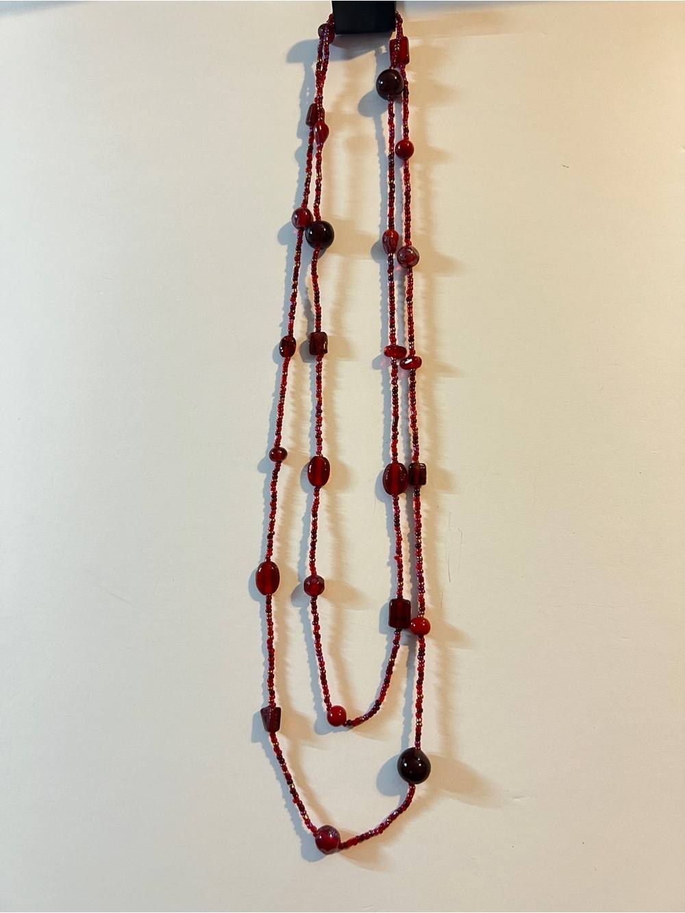 48” Red Shimmering Seed Beads & Round & Square Beaded Necklace